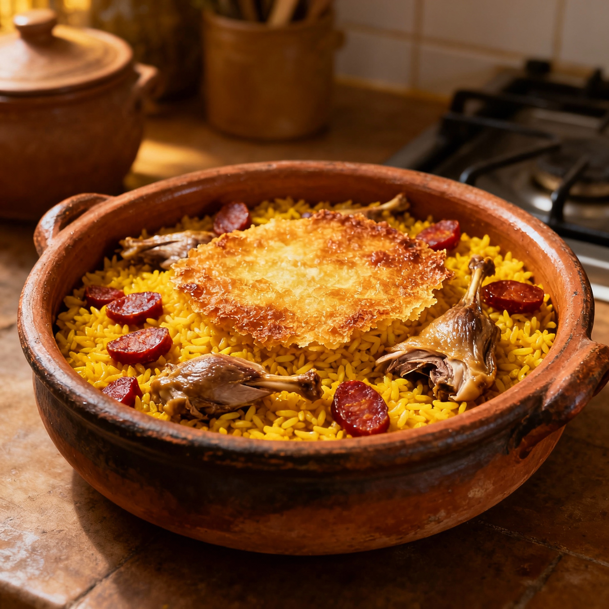 Travessa de arroz de pato terminado no forno