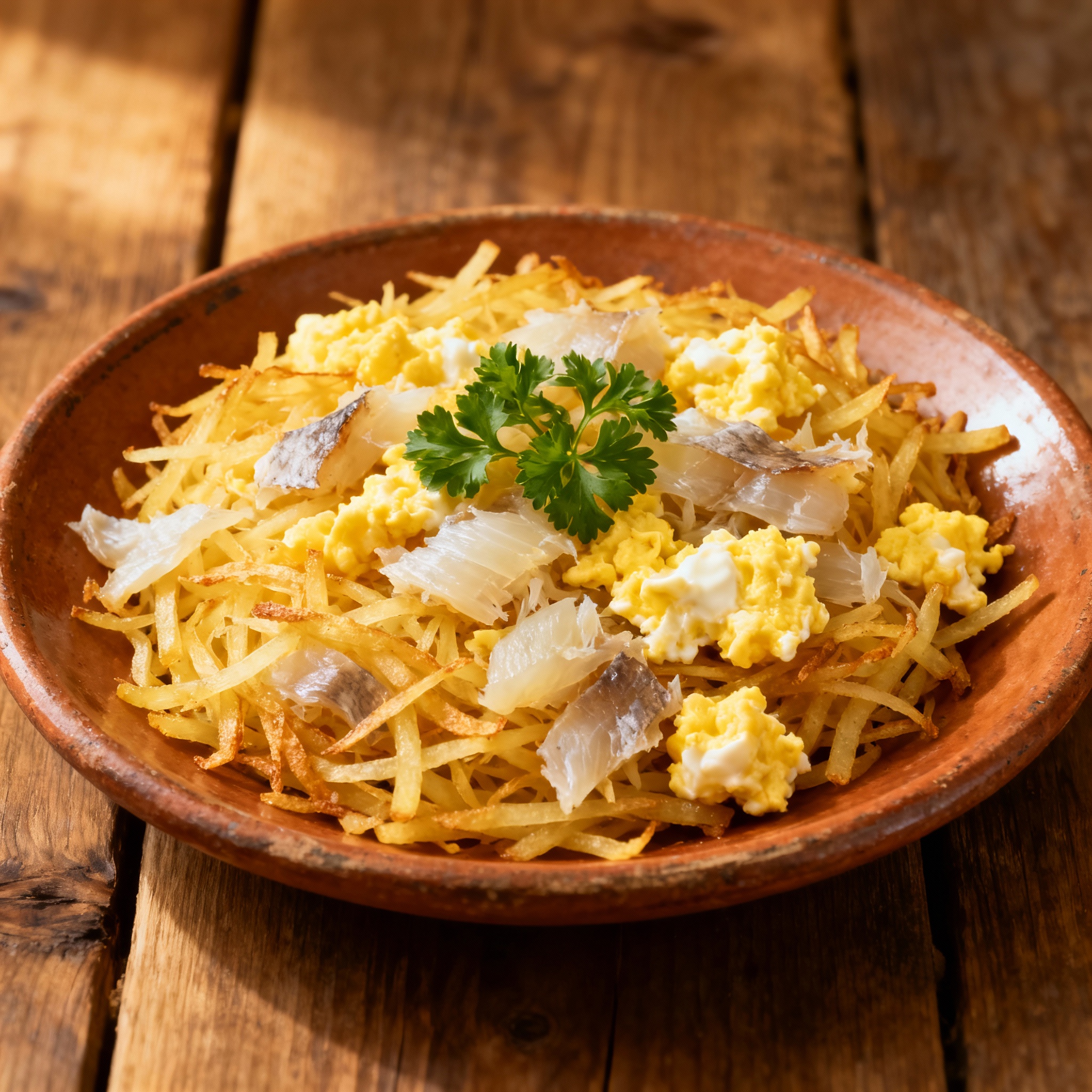 Prato de Bacalhau à Brás com batata palha e salsa