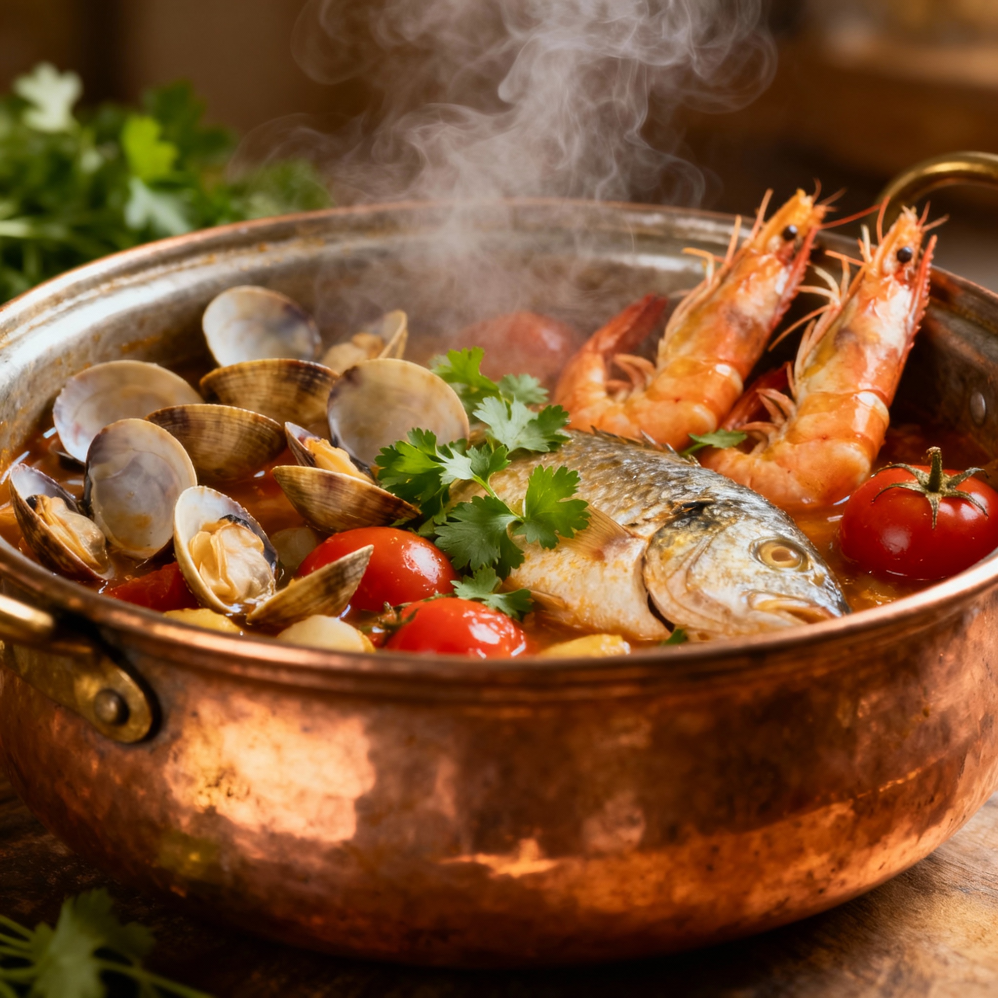 Cataplana de marisco com coentros frescos